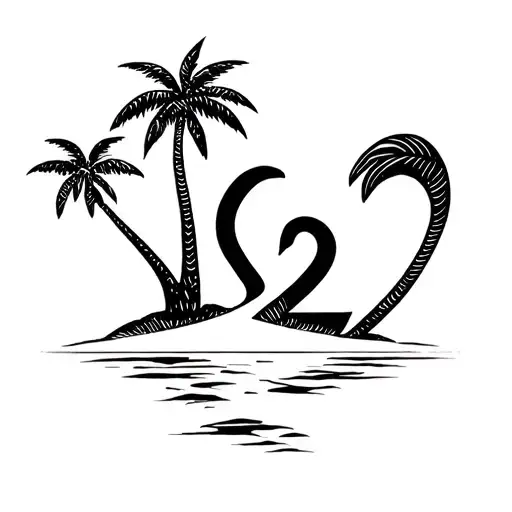 A deserted island with two palm trees, that come together to make the letter K. A swan in front like the number 2 tattoo design idea