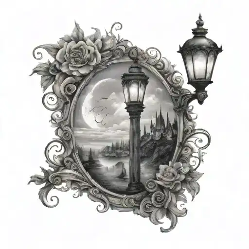Harry Potter lamp post with signs for Hogwarts, Middle Earth, Neverland, panem, Narnia, wonderland, enchanted forest  tattoo design idea