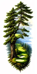 pine forest wrap around tree golf course family tattoo design idea