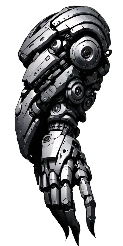 cyberpunk arm implant silver and metal built like mecha tattoo design idea