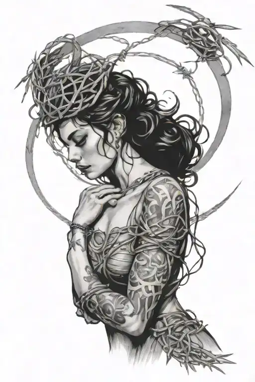 the goddess looks up with a blindfold on her eyes, her arms crossed on her chest, a halo of barbed wire, tattoo design idea