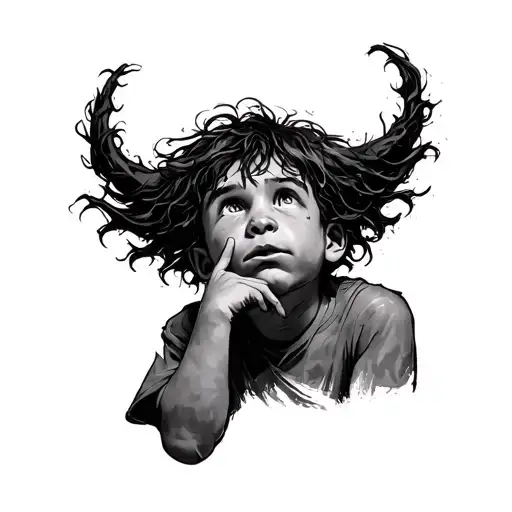 A drawing of a wild child of whole body, with one hand on his chin looking up with a doubt face tattoo design idea
