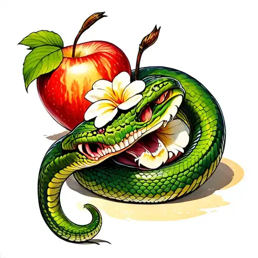 snake biting into an apple with flowers  tattoo design idea