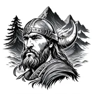viking warrior, mountains, waterfalls flowing tattoo design idea