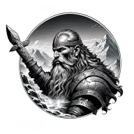 viking warrior, mountains, waterfalls flowing tattoo design idea