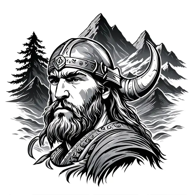 viking warrior, mountains, waterfalls flowing tattoo design idea