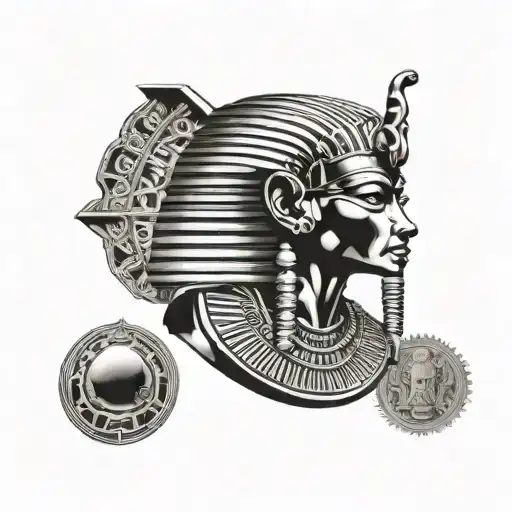 A detailed portrait of a Pharaoh (like Tutankhamun), flanked by Anubis and a large scarab beetle in the center, holding  tattoo design idea