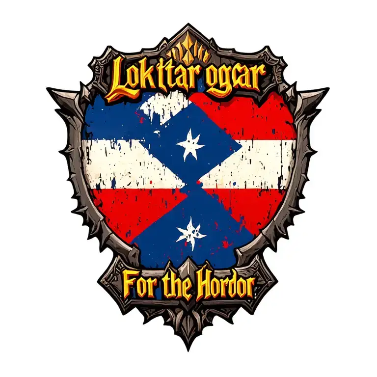 "Lok'tar ogar / For the Horde" "Lok'tar ogar" World of Warcraft Horde Emblem on a flag; replace the flag in the middle with Kalimdor tattoo design idea
