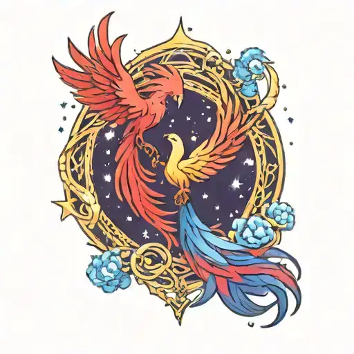 red and blue phoenix rising against purplish starry sky  tattoo design idea