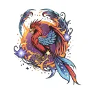 red and blue phoenix rising against purplish starry sky  tattoo design idea