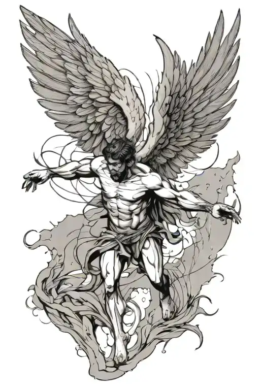 A scene of Icarus mid-fall, his wings cracked or melting as he descends.  tattoo design idea