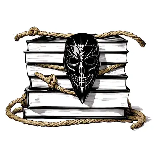 A dark romance book stack bound with rope with stalker mask, and mafia elements  tattoo design idea