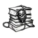 A dark romance book stack bound with rope with stalker mask, and mafia elements  tattoo design idea