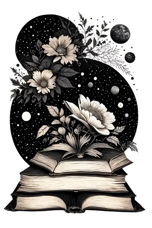 feminine bookish theme with space elements and florals tattoo design idea