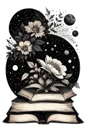feminine bookish theme with space elements and florals tattoo design idea