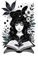 feminine bookish theme with space elements and florals tattoo design idea