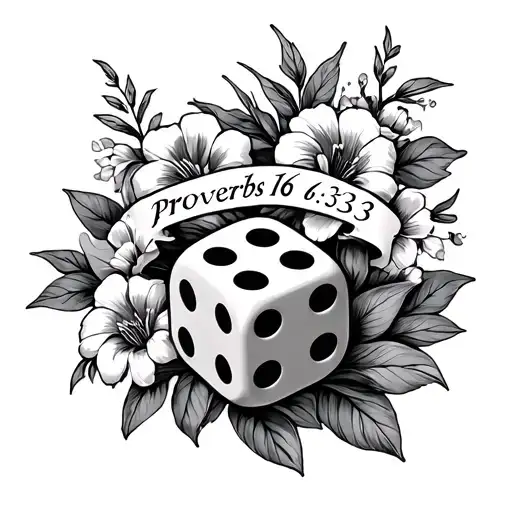 dice and flowers with "proverbs 16:33" in the middle tattoo design idea