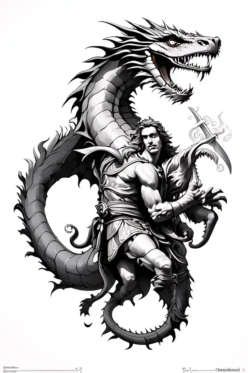 St. George killing the dragon half sleeve with sky onto the shoulder and ending at elbow tattoo design idea