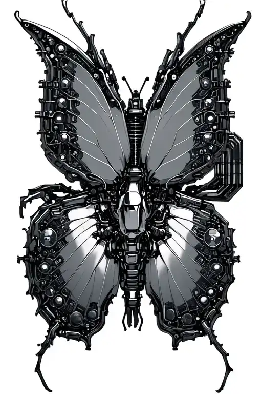 Robotic butterfly carcass, chrome exoskeleton, circuit-board veins, wings flickering glitch pixels tattoo design idea
