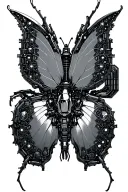 Robotic butterfly carcass, chrome exoskeleton, circuit-board veins, wings flickering glitch pixels tattoo design idea