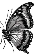 Robotic butterfly carcass, chrome exoskeleton, circuit-board veins, wings flickering glitch pixels tattoo design idea