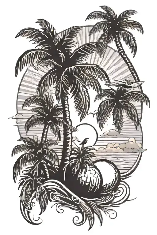coconut tree, bird in sky, sun, coconut and mango  tattoo design idea