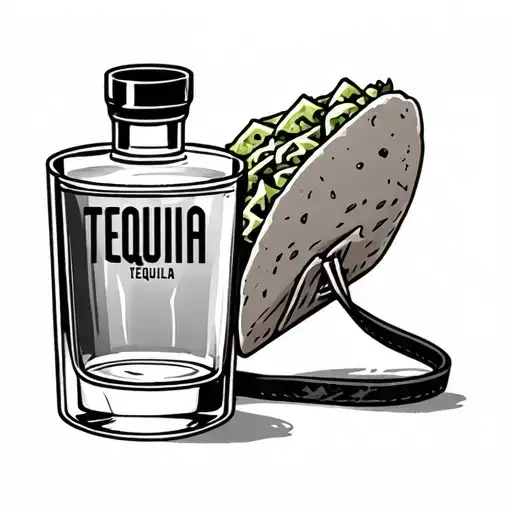 tequila shot dragging a taco on a leash tattoo design idea