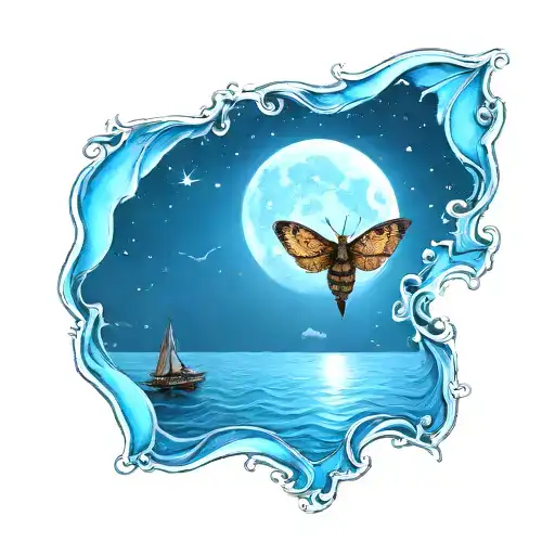 A moth flying under a full moon in a serene ocean setting tattoo design idea