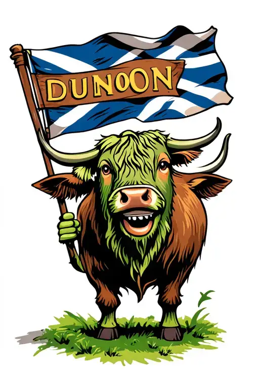 scottish sprout holding the scotish flag with sign for Dunoon above and a smiling highland cow at the side tattoo design idea