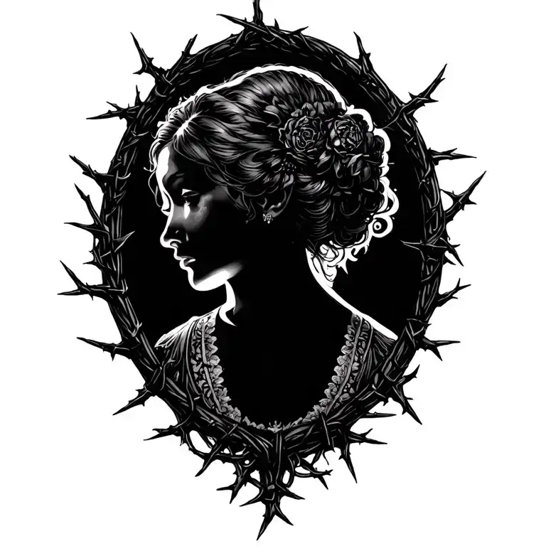 ""Obstinate Headstrong Girl"" regency cameo frame with thorns weaving tattoo design idea