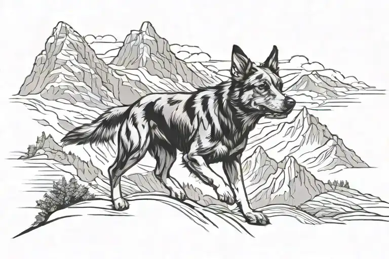 dog running across the base of a mountain tattoo design idea