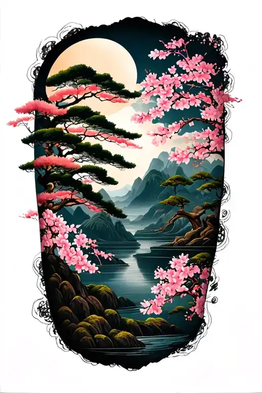 Japanese style on the whole arm. Add sakura. The landscape should be strict and inspiring confidence tattoo design idea