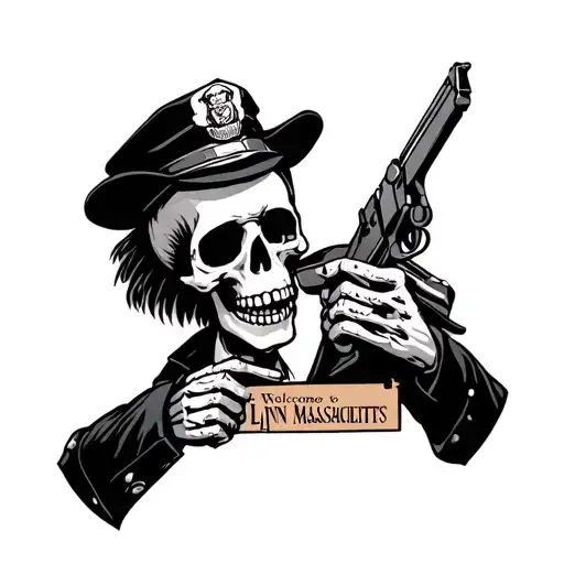 skeleton holding a gun to a cops head, with a sign saying welcome to Lynn Massachusetts tattoo design idea
