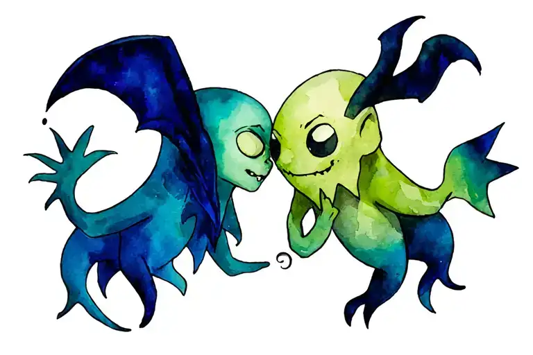 Oogie boogie, Ursula and mimikyu hugging each other tattoo design idea