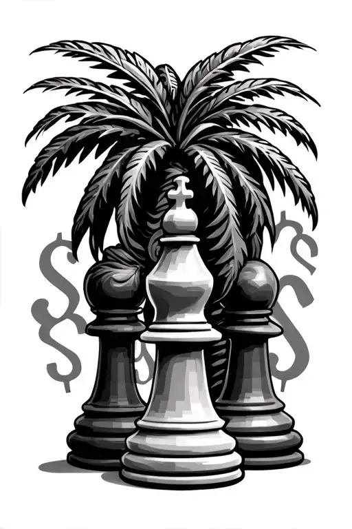 palm tree chess pieces and dollar signs tattoo design idea