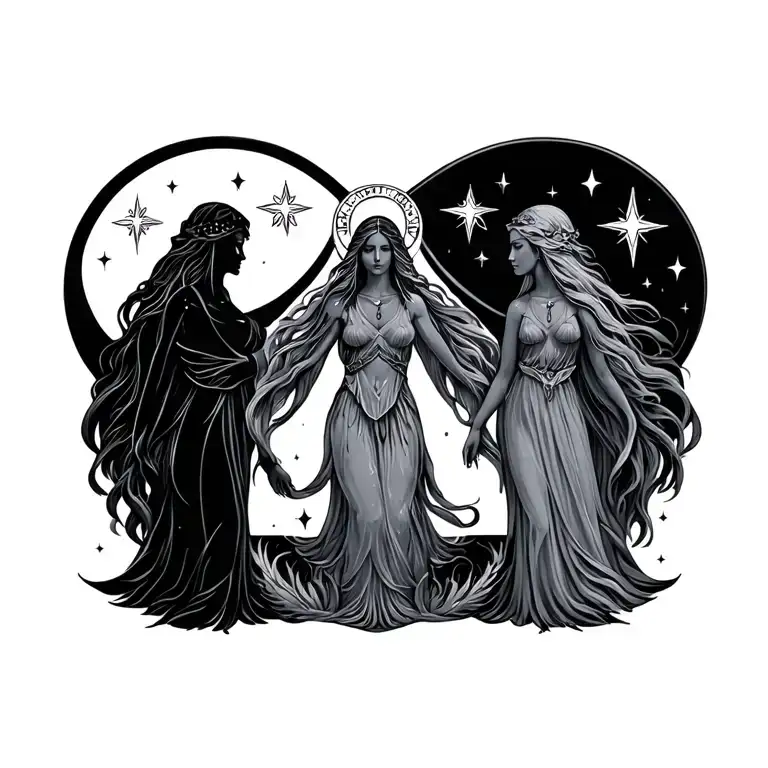 triple goddess symbol surrounded by stars tattoo design idea