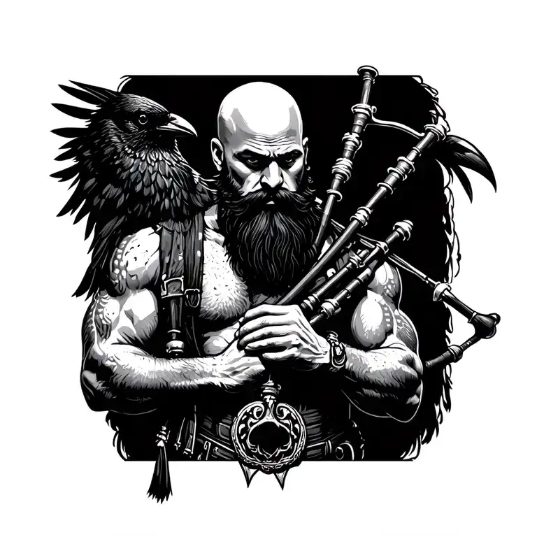 bald bagpiper with black beard with crow featherd muscular body with a mans head and hands playing blackbagpipes tattoo design idea
