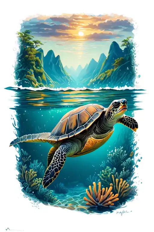 turtle swimming with smile and below sea and mountains are above the sea farway tattoo design idea