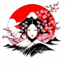 Japan's mythology incorporated, with Mt Fuji, cherry blossom, red sun tattoo design idea