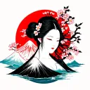 Japan's mythology incorporated, with Mt Fuji, cherry blossom, red sun tattoo design idea