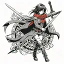mikasa ackerman , slim thick, nude, goth girl, curvy, sexy, ahegao, odmg flying, swords, red scarf, nice vlack hair,cute tattoo design idea