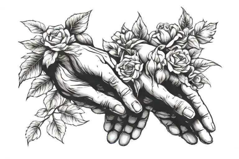 Michelangelo hands touching with flowers and leaves tattoo design idea