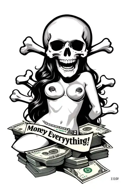 skull and bones over stacks of $100's, with a sexy hoe in a sleazy sheet banner that says, "Money Over Everything!". tattoo design idea