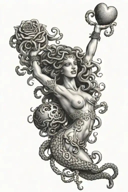 medusa holding heart in one hand and brain in the other hand tattoo design idea
