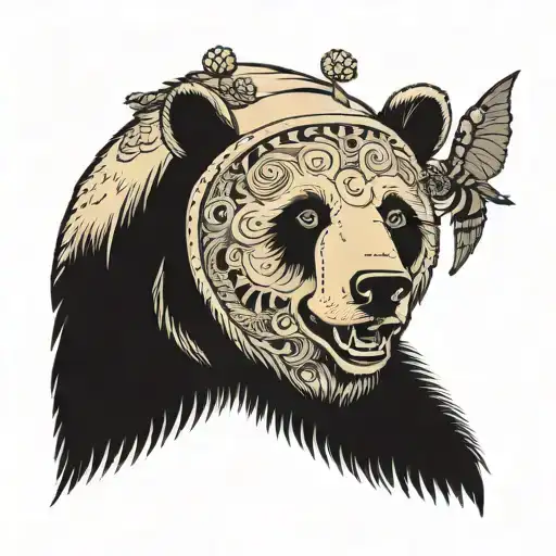 divide bear head in panda and grizzly  bear with bees around tattoo design idea