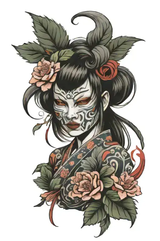 "Young japanese woman holding a bleeding christmas rose flower" "Menacing oni mask" "Dark smoke background" tattoo design idea