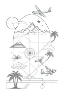 polaroid picture collage with small compass, plane, map, mountains, and palm trees  tattoo design idea