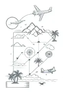 polaroid picture collage with small compass, plane, map, mountains, and palm trees  tattoo design idea