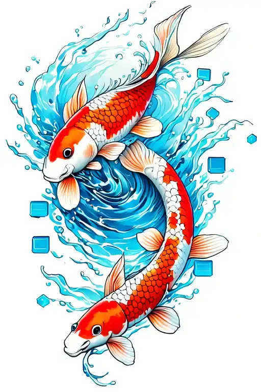 blue water with koi fish with. water running down the arm with square blocks at the end of air with shadowing  tattoo design idea