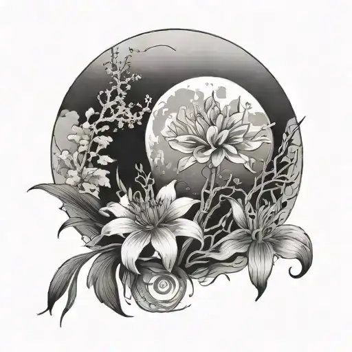 Red moon with japanese clouds and red spider lily tattoo design idea